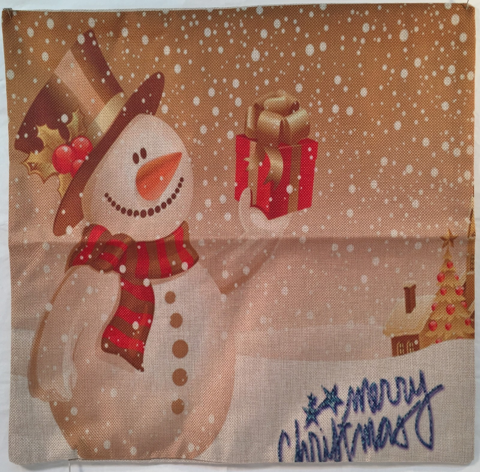 Christmas Snowman Faux Burlap Cushion Cover Case Pillow Zippered Square New
