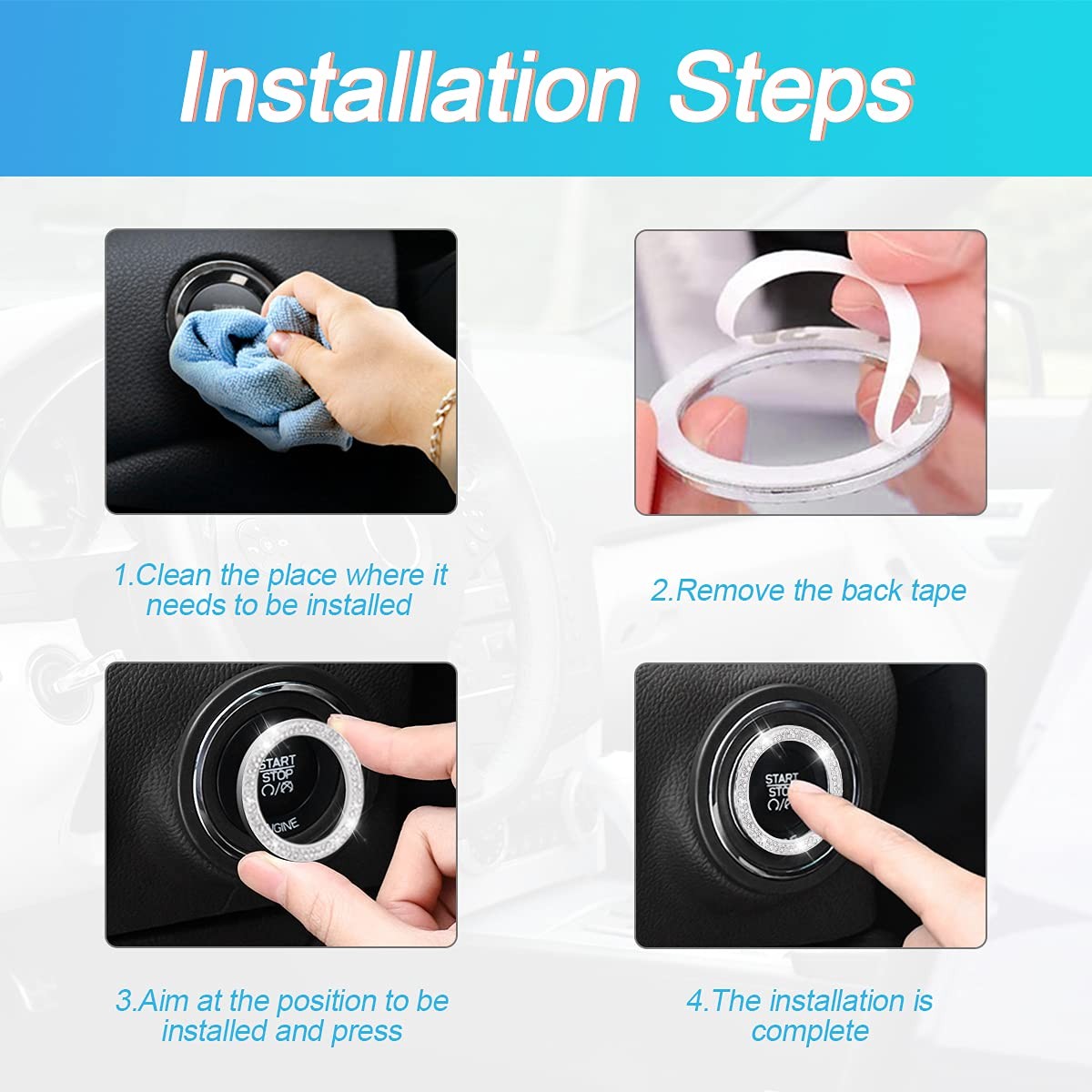 Car Bling Crystal Rhinestone Engine Start Ring Decals, 2 Pack Car Push Start ...