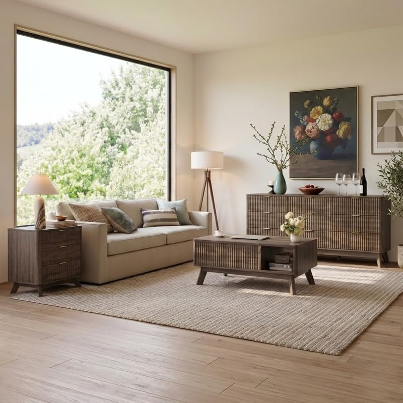 Fluted Coffee Table with Hidden Storage,Modern Wood Coffeetable with Open Shelf,
