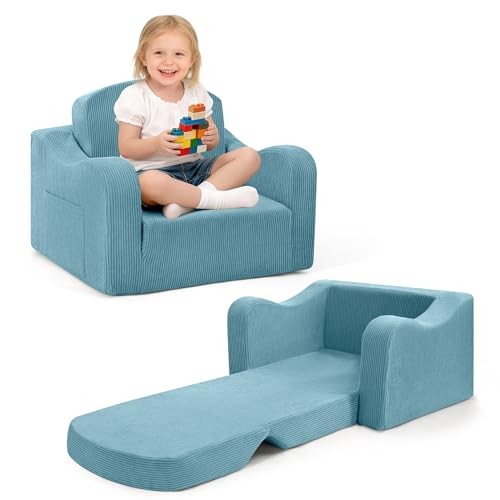 Thick Comfy Toddler Chair and Couch for Kids,2-in-1 Kids Couch Corduroy Blue