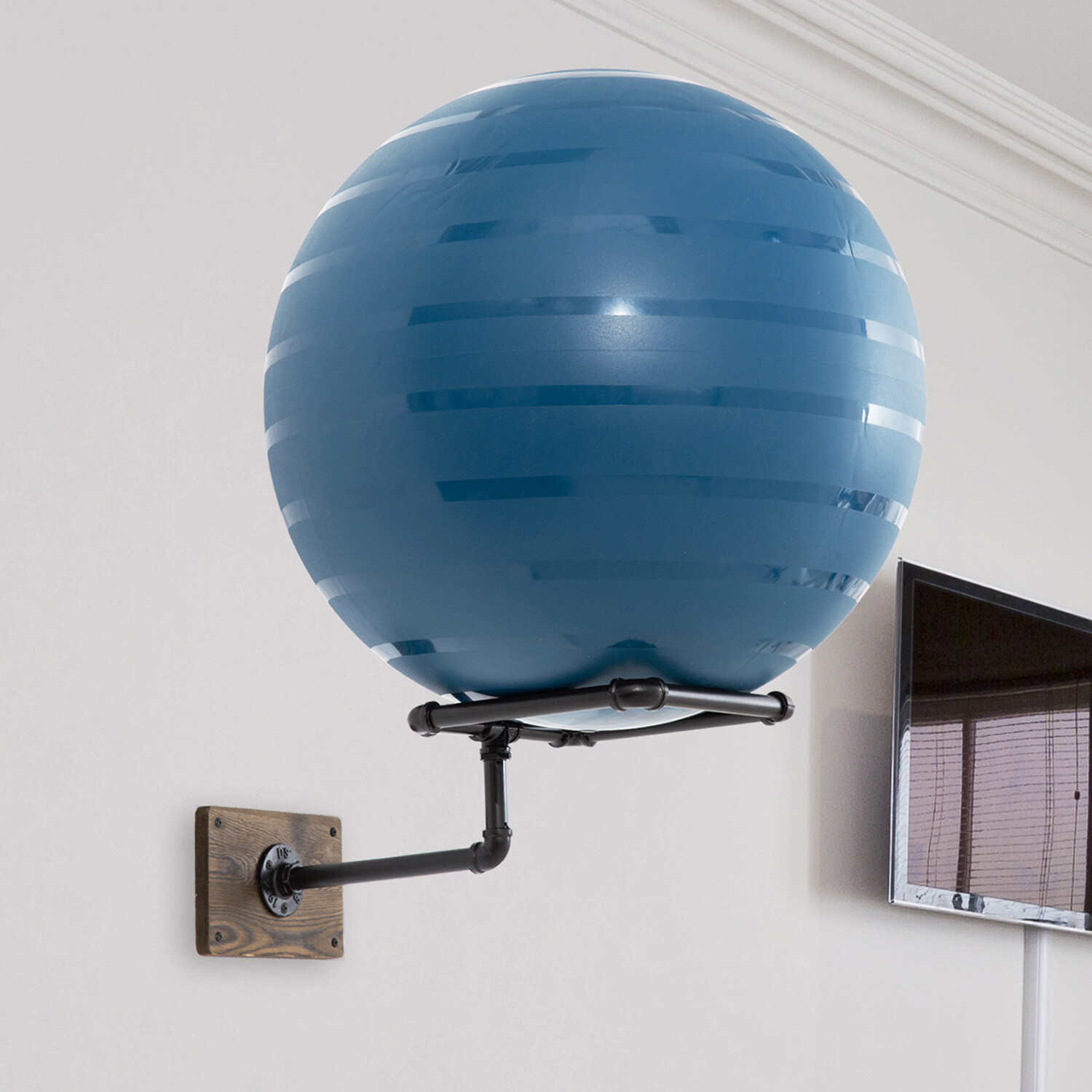 Industrial Metal Pipe & Burnt Wood Stability Ball Wall Rack, Yoga Ball Holder