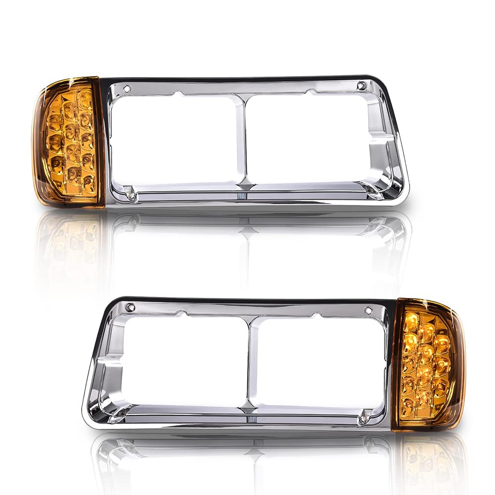 Pair LED Headlight Bezel w/ Turn Signal For 2010-12 Freightliner FLD120 FLD120SD