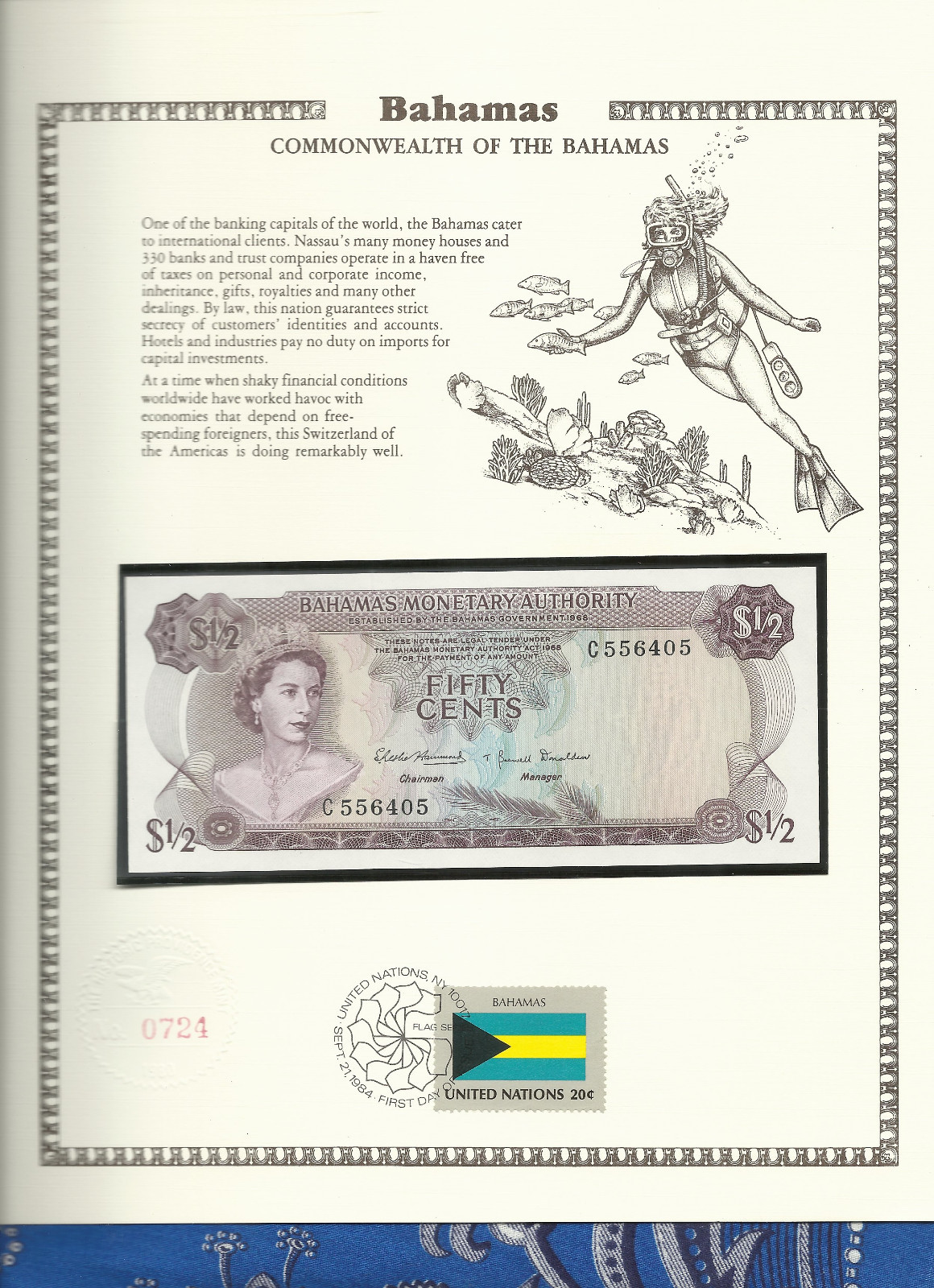 Bahamas 1/2 Dollar 1968 P 26a UNC FDI UN FLAG STAMP Prefix C