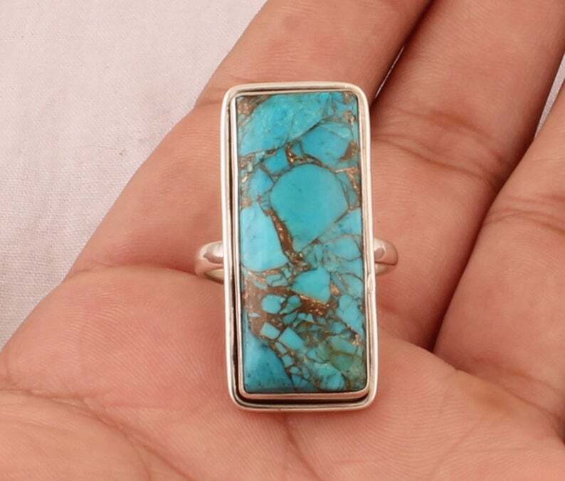 925 Sterling Silver Gemstone Blue Copper Turquoise Handmade Unique Women Ring