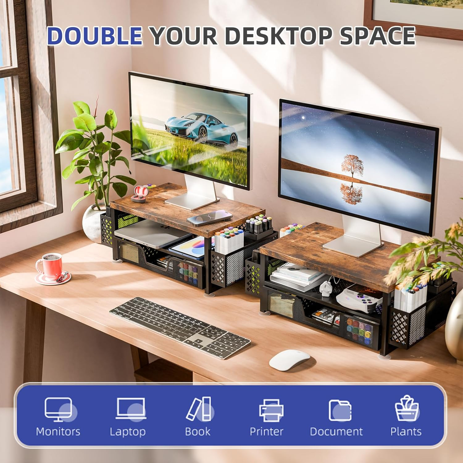 Desk Organizers and Accessories, 2 Tier Monitor Stand Riser with Drawer and 2 Pe