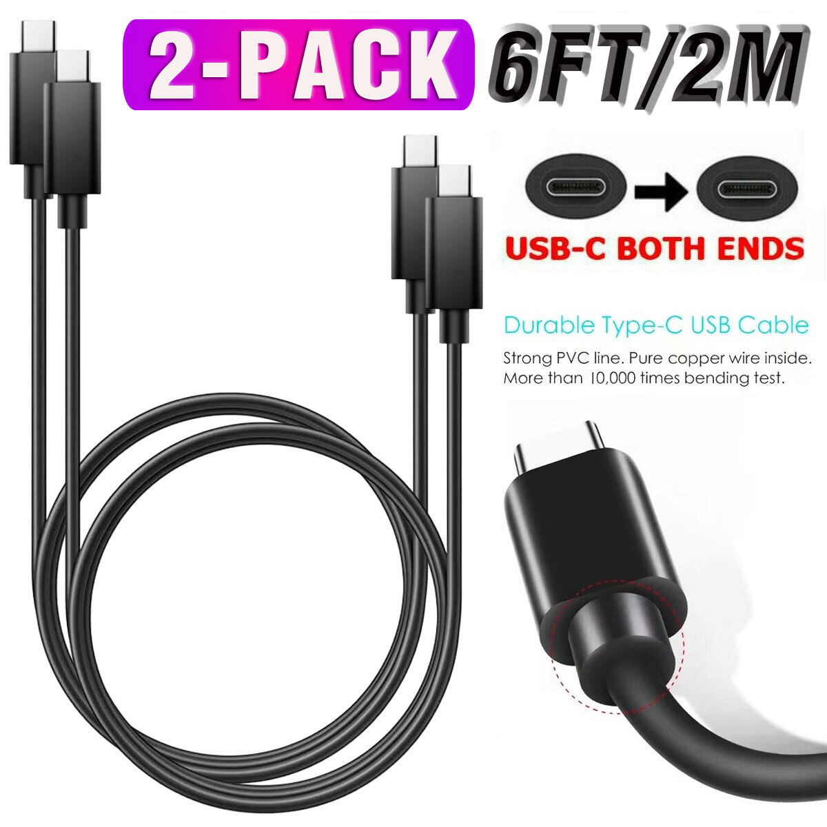6ft USB-C to USB-C Cable Male Type-C Cable Cord Fast Charger Charging Data Sync