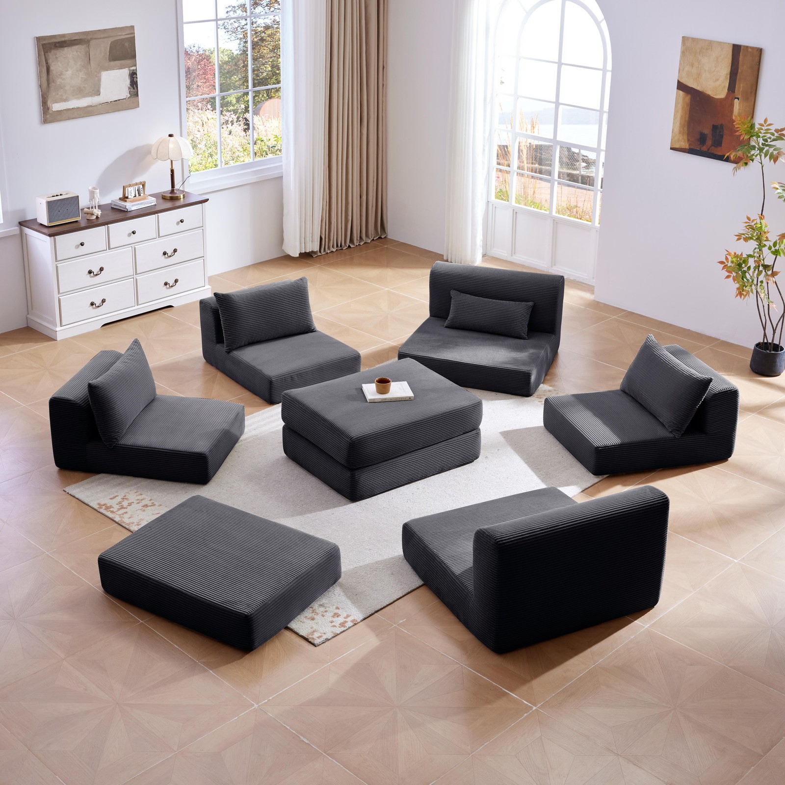 Upholstered Sectional Sofa 100" L-Shaped Corduroy Grey Modular