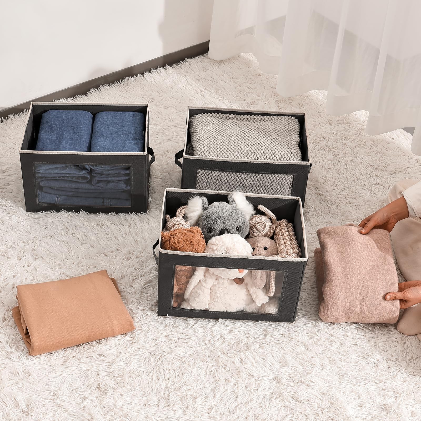 Collapsible Storage Bins with Lids, Handles, Window, 3~Pack, Dark Grey