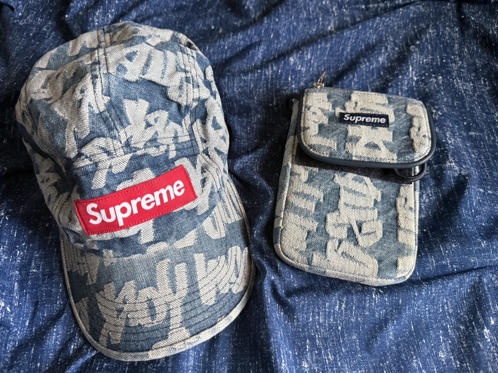 SS22 Supreme Fat Tip Jacquard Denim Camp Cap Blue Hat and Neck Pouch bag