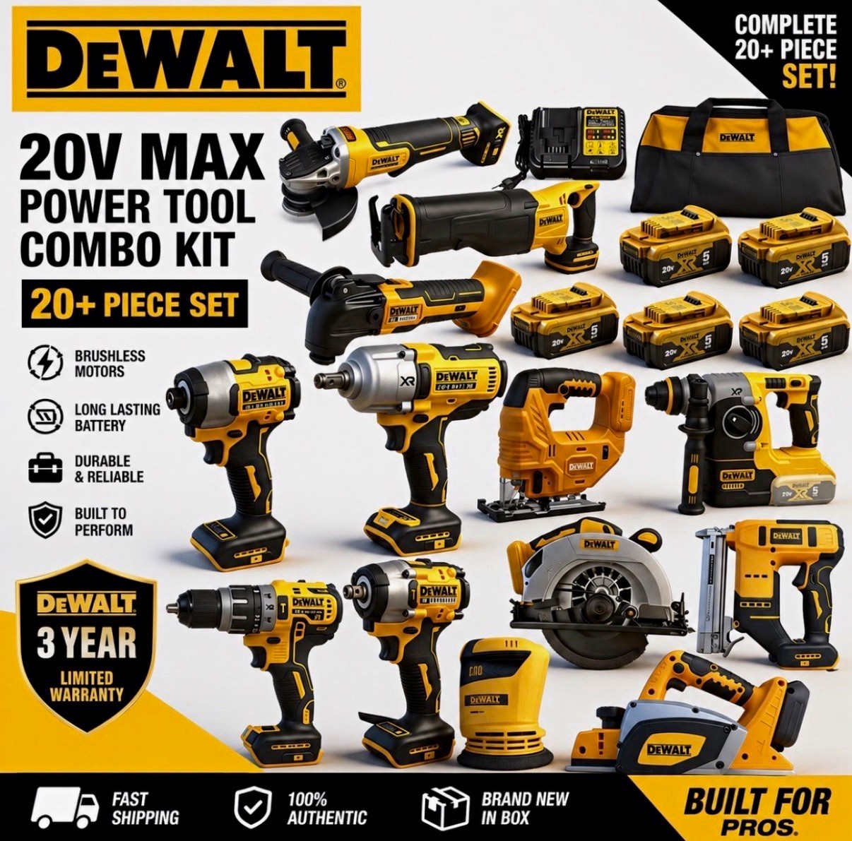 DEWALT 20V MAX 20-Tool Combo Kit Brushless 20V w/ 5 Li-Ion Batteries, Bag