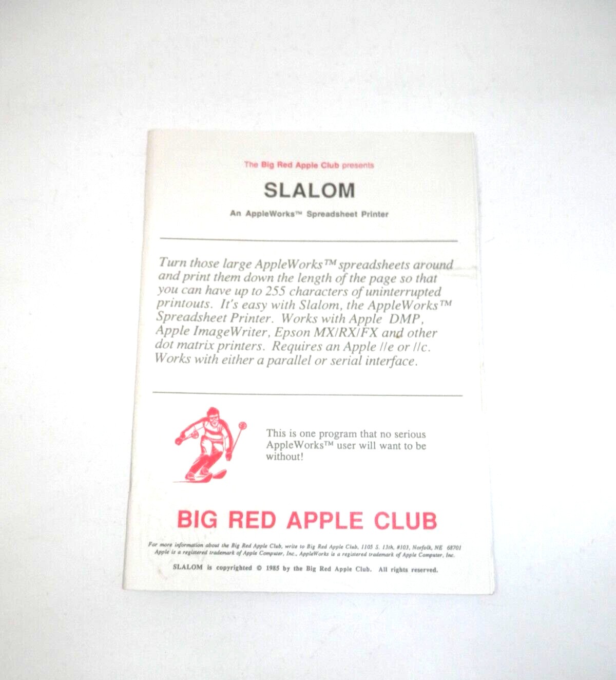Slalom AppleWorks Spreadsheet Printer Program Vintage Software '85 Apple IIe IIc