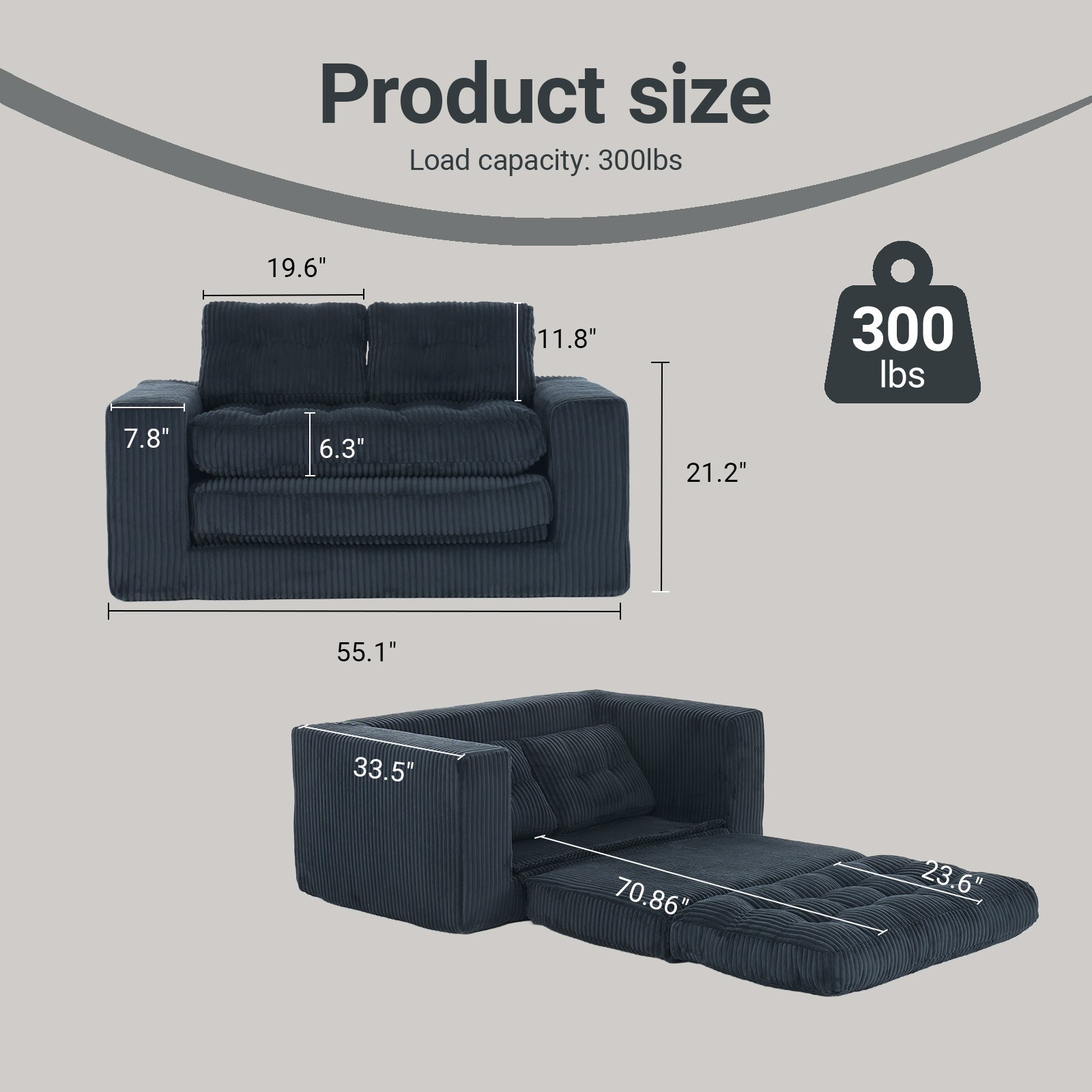 Loveseat Sofa Bed with Memory Foam & Steel Frame - No Assembly, Convertible
