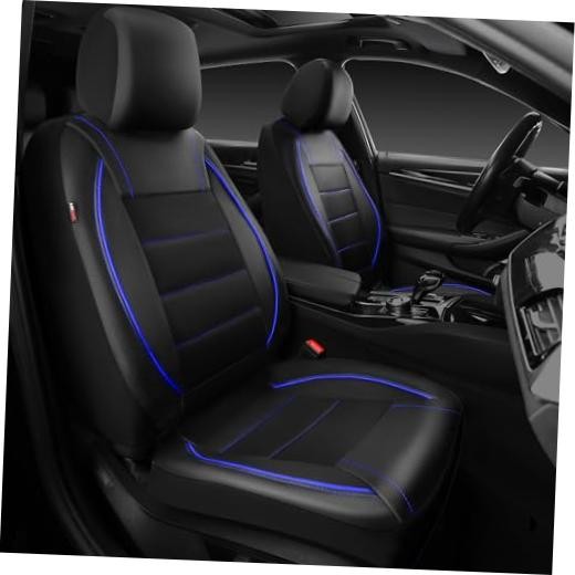 Universal FIT Piping Leather Two Front Seat Covers, Waterproof Faux Black Blue