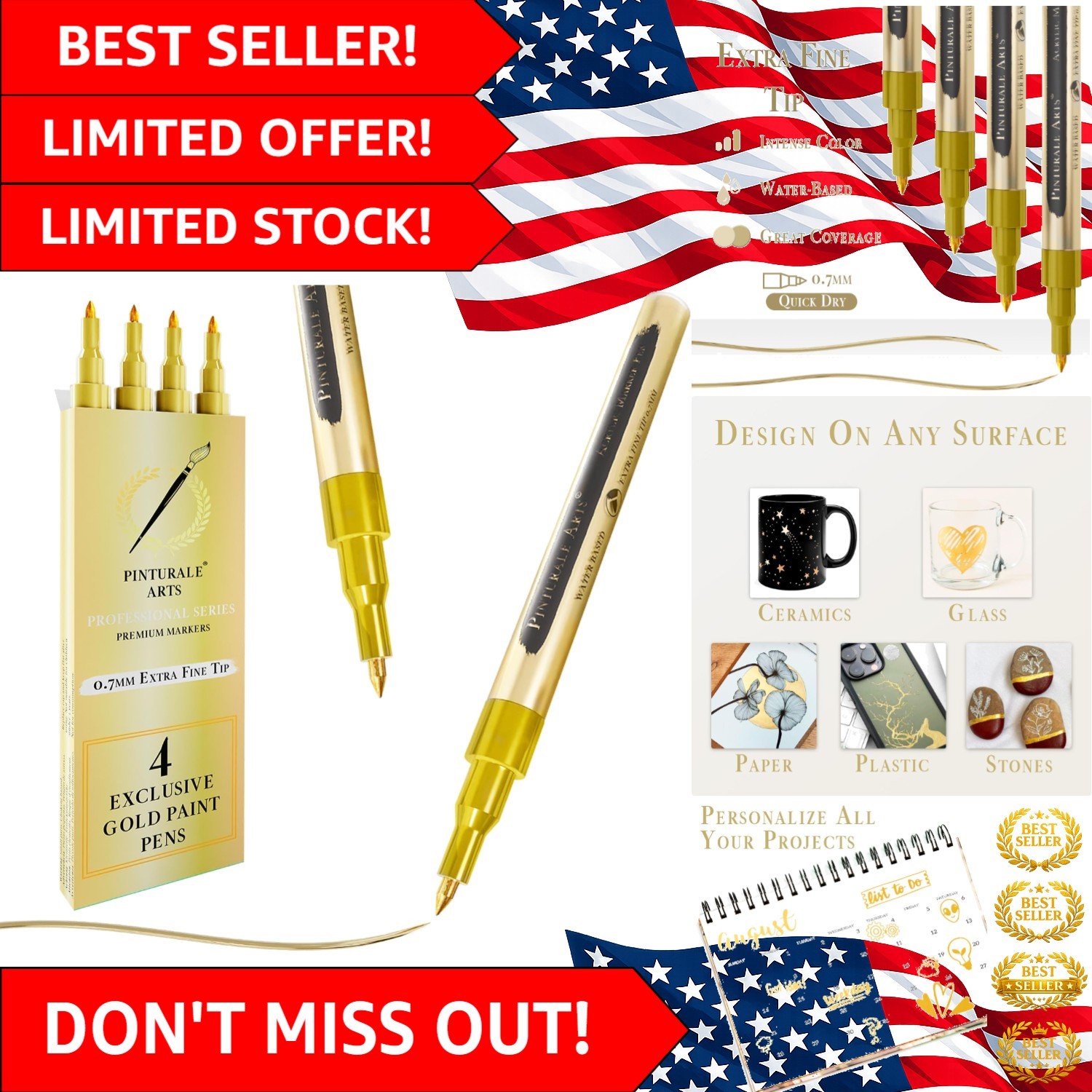 4 Extra Fine Gold Paint Pens - Ideal for Canvas, Rocks, Glass, and Ceramics