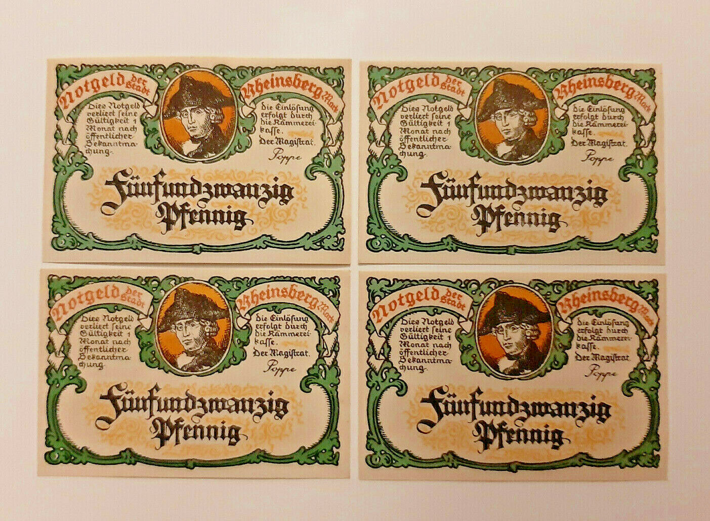 RHEINSBERG NOTGELD 4x 25 PFENNIG 1922 EMERGENCY MONEY GERMANY BANKNOTES (12448)