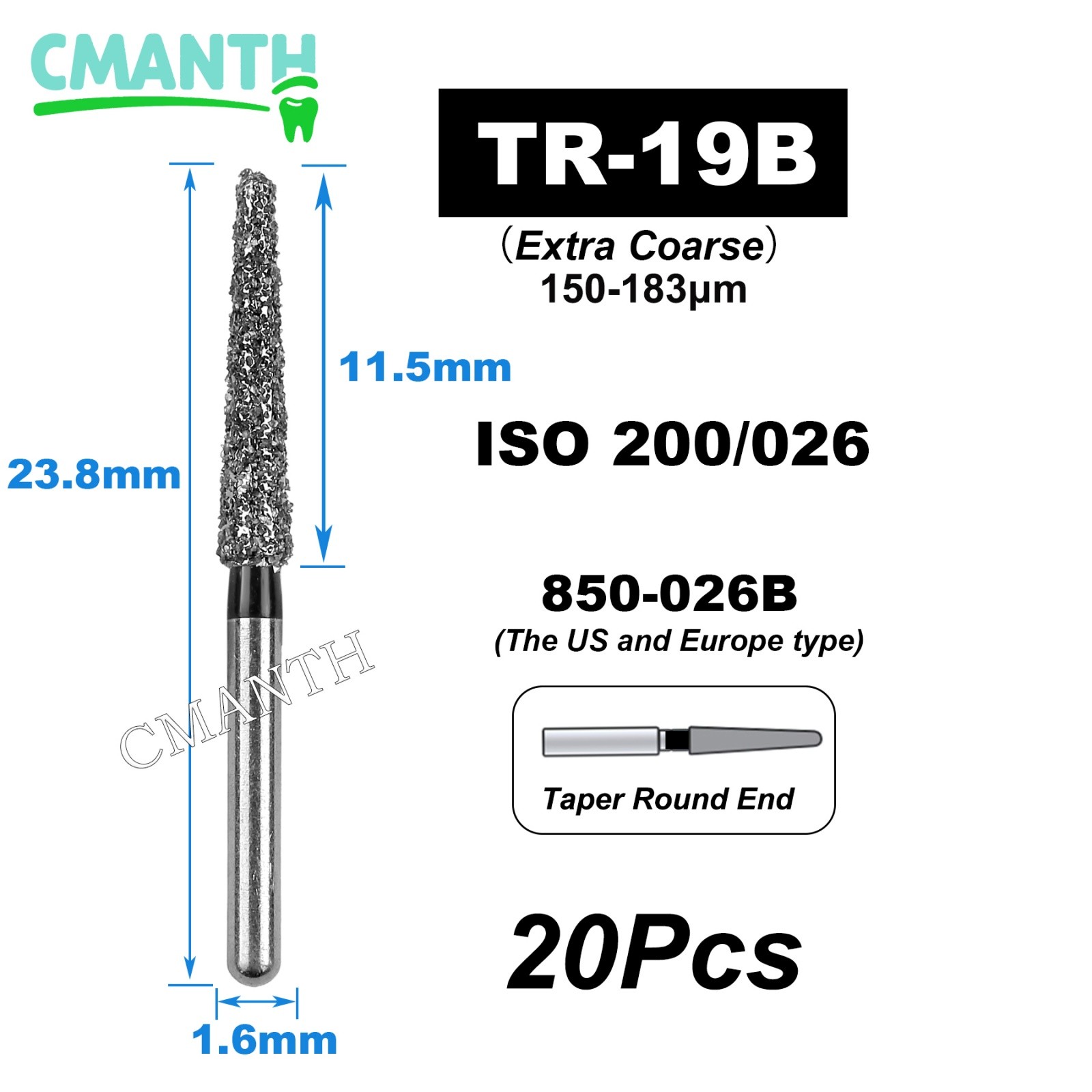 US Extra Coarse Dental Diamond Burs FG High Speed Turbines Drills 850-026B 20Pcs