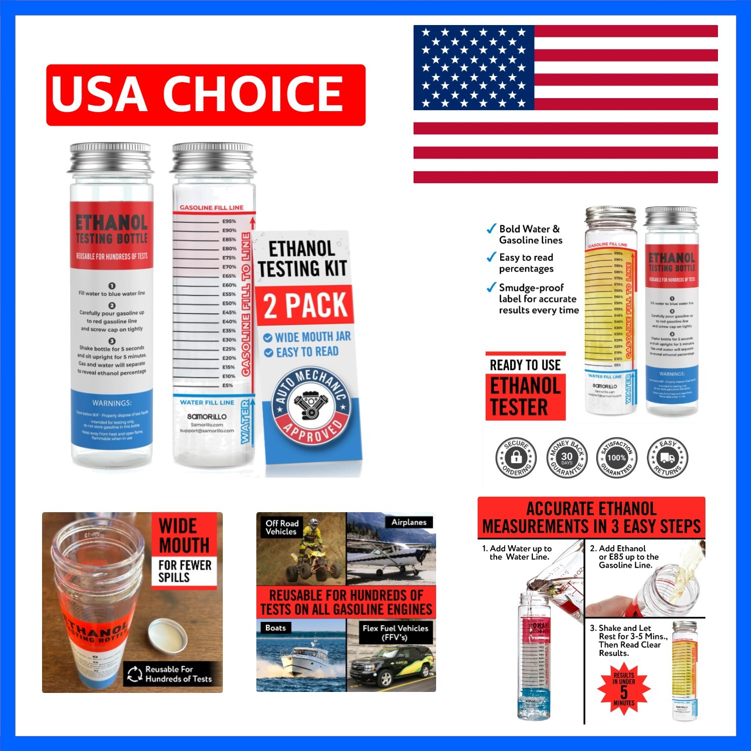 2-Pack] Reusable Ethanol Testing Kit - Wide Mouth Fuel  Bottle for E85 and Et...