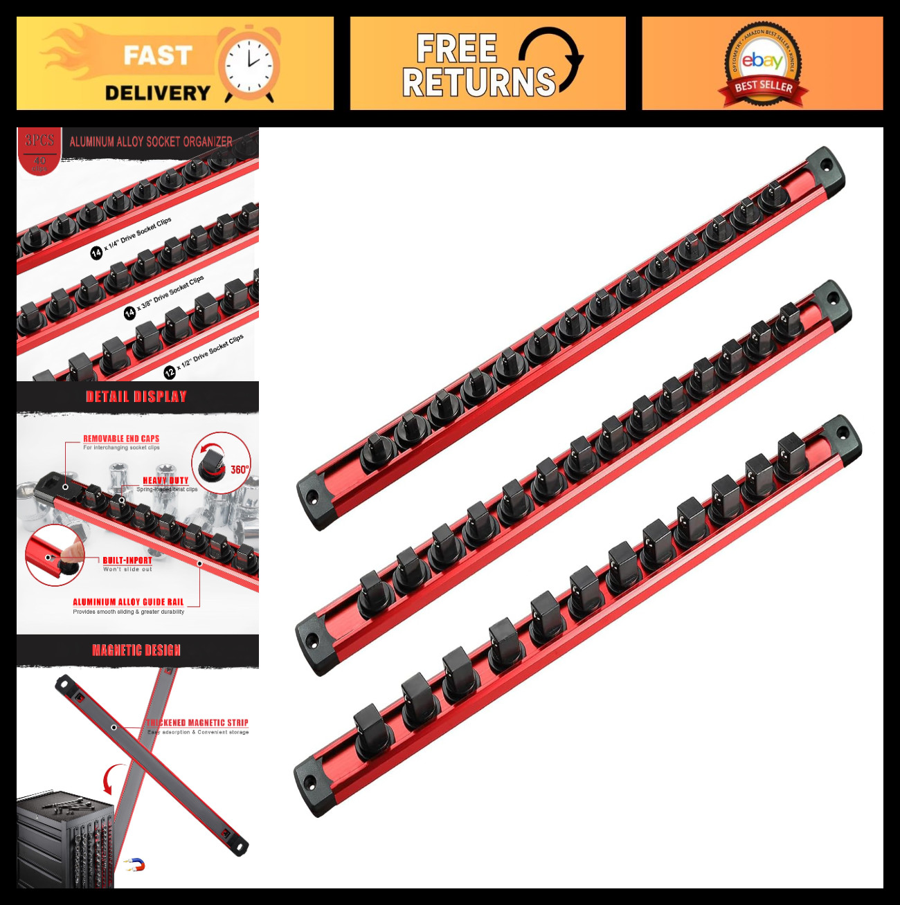 Magnetic Socket Organizer Set - 3PCS Heavy Duty Aluminum Alloy Rail, 1/4", 3/8",