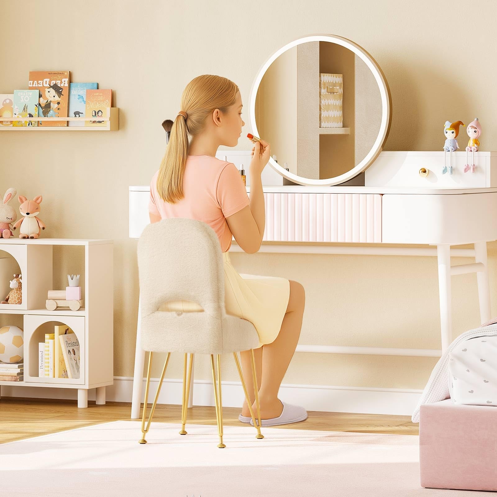 Small Vanity Stool Chair with Storage and Folding Back, 13.4" x 15" x 30" Squ...