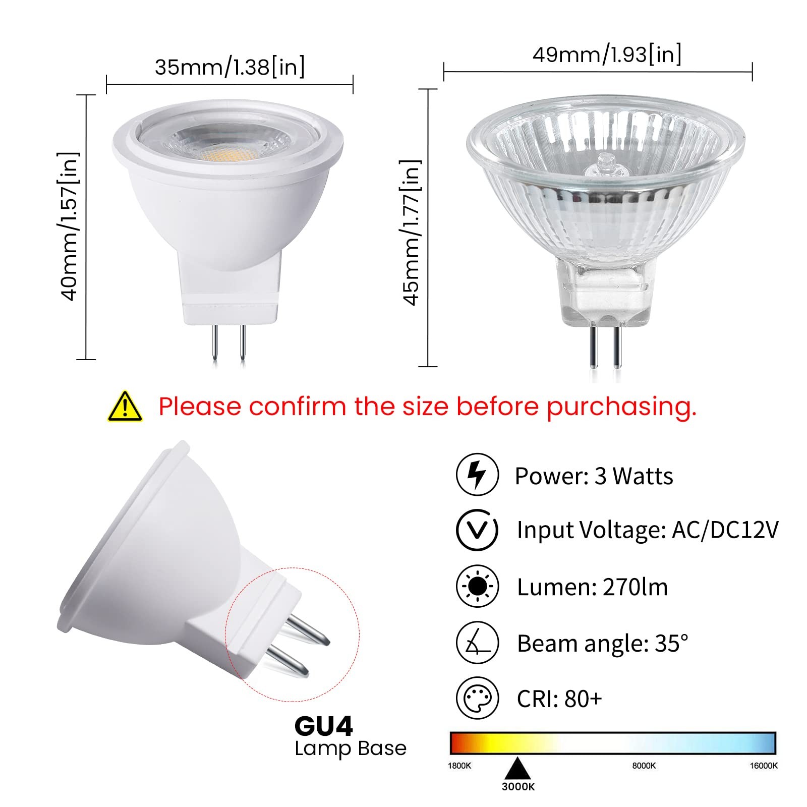 4 Pack MR11 GU4 LED Bulb 3W 12V Warm White 3000K