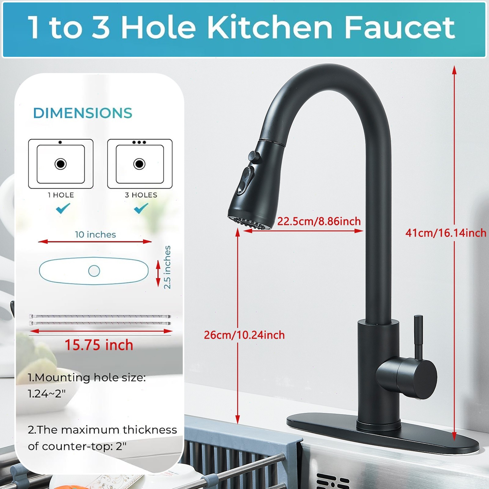 Black Kitchen Faucet with Soap Dispenser High Arc Pull Down Sprayer Sink Mixer