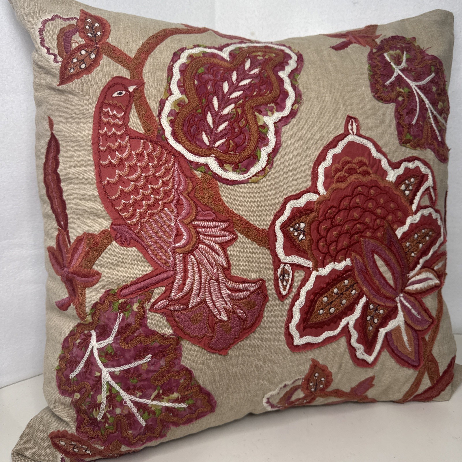 POTTERY BARN Pillow Cover EMBROIDERED FLOWERS BIRD 24 X 24” Persimmon Pink Linen
