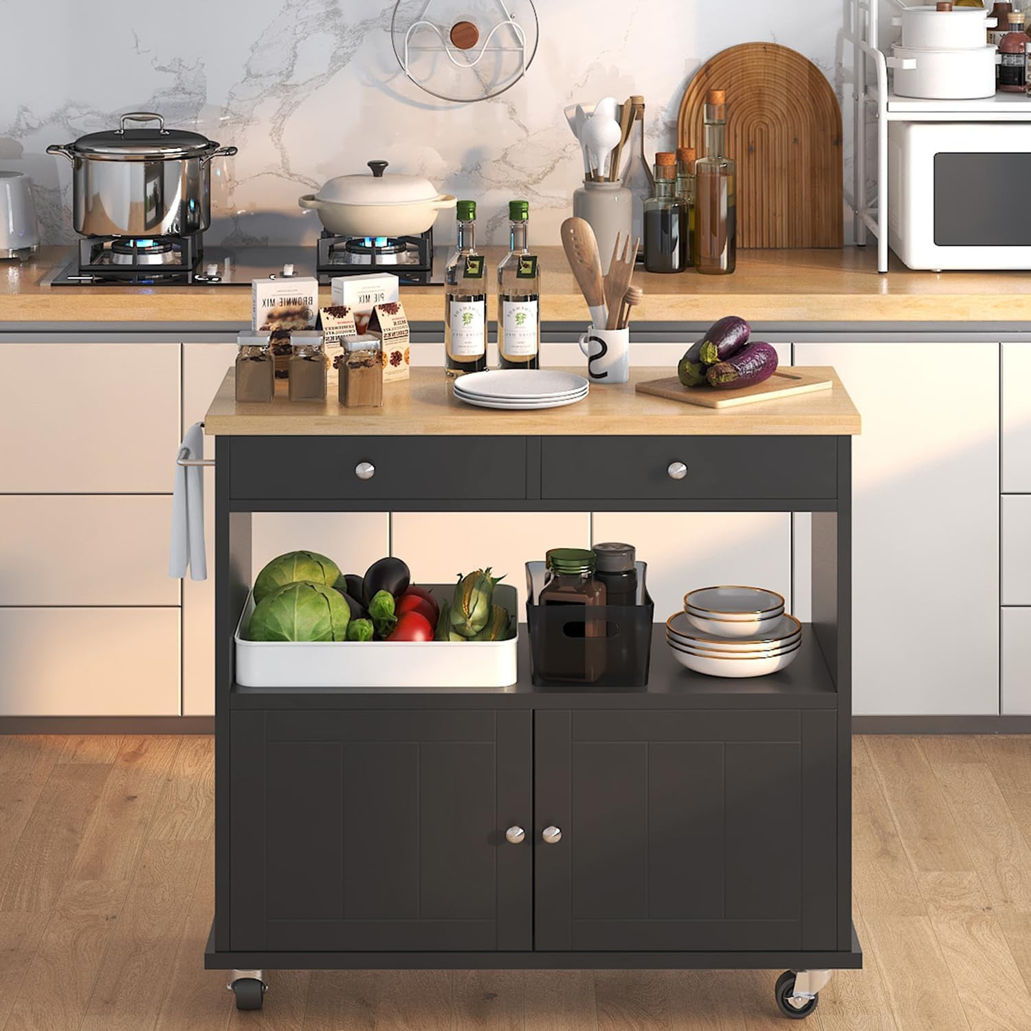 Portable Rolling Kitchen Island with Storage, 2 Drawers & Lockable Wheels