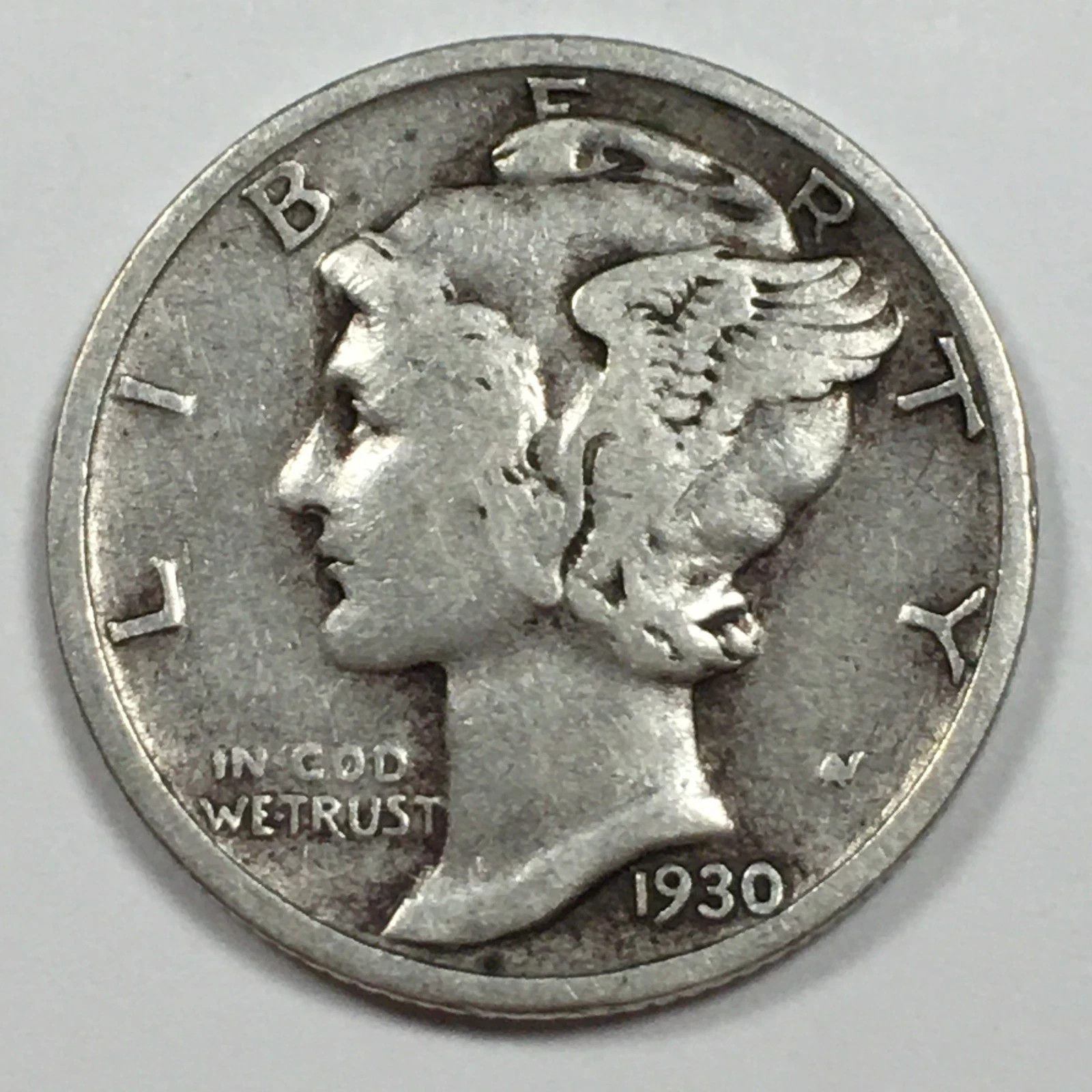 1930 S Mercury Dime 90% Silver Circulated Fine F  / Very Fine VF