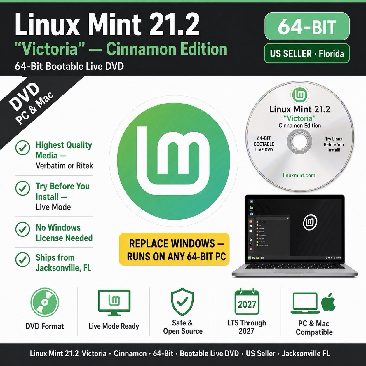 Linux Mint 21.2 Cinnamon "Victoria" 64 bit BOOTABLE LIVE INSTALL DVD