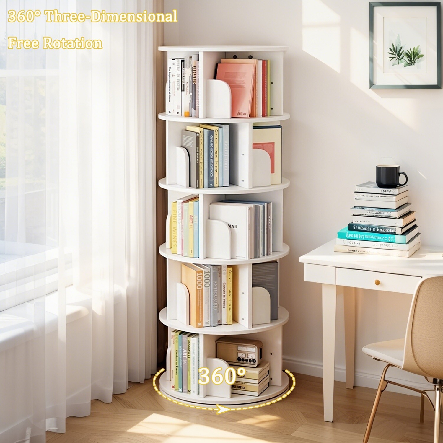 5 Tier 360° Rotating Bookshelf Freestanding Bookcase Storage Display Rack White