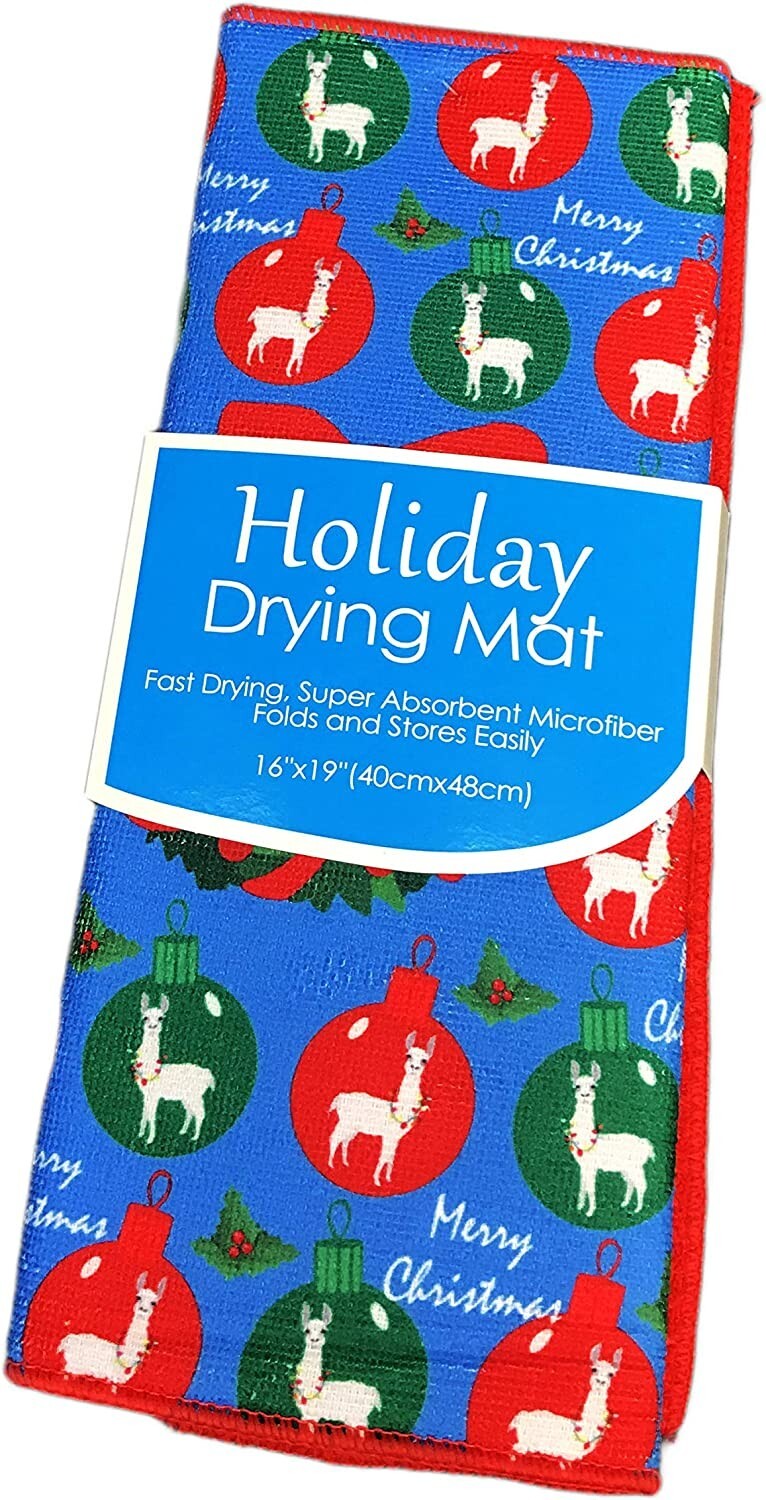 Merry Christmas Llamas in Red & Green Ornaments Dish Drying Mat New with Defects