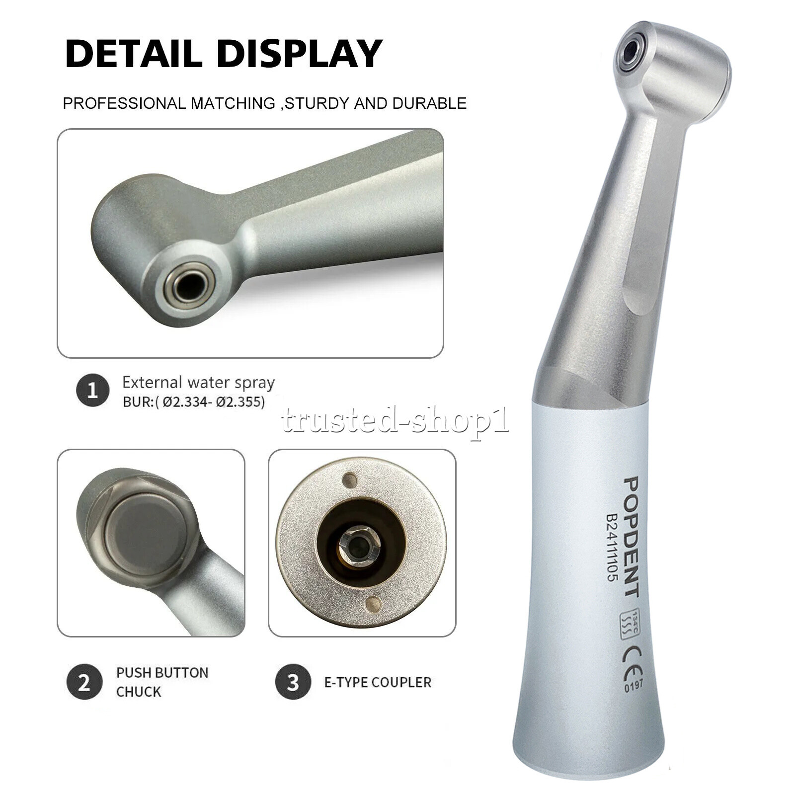 Dental Slow Low Speed Contra Angle Handpiece E-Type Push Button Head 1:1 POPDENT