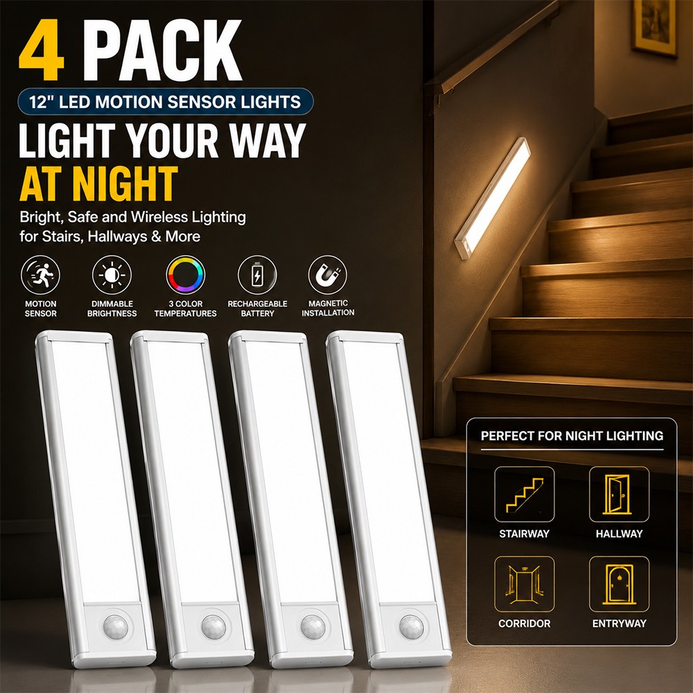 Light Your Way at Night 4 Pack 12" LED Motion Sensor Lights for Stairs Hallway