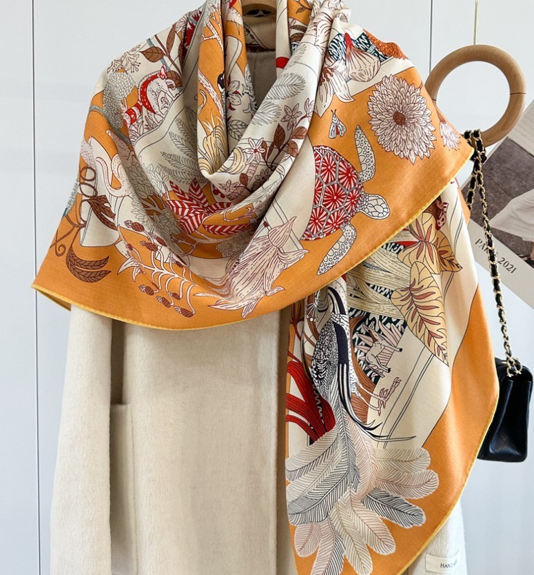 Double Face 70% Cashmere 30% Silk Scarf Square Shawl  53" Orange Large Wrap