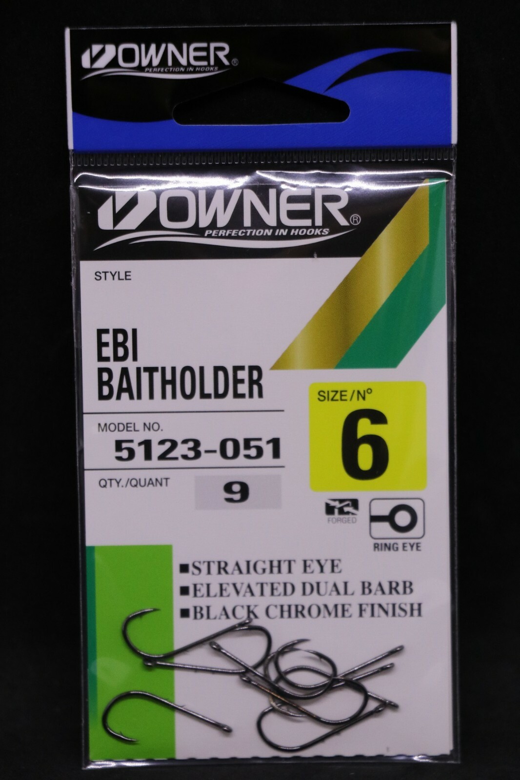 Owner Ebi Baitholder Hook - Size 6 - Pack of 9 Black Chrome Hooks
