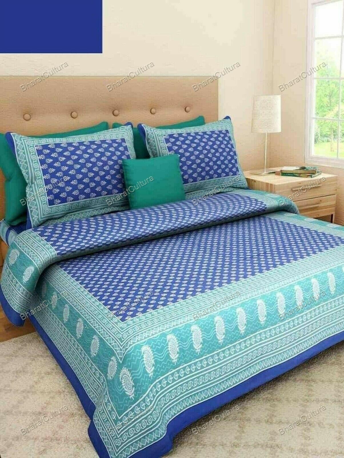Traditional Screen Printed Blue 3 Kaam Buti Pure Cotton Double BedSheet