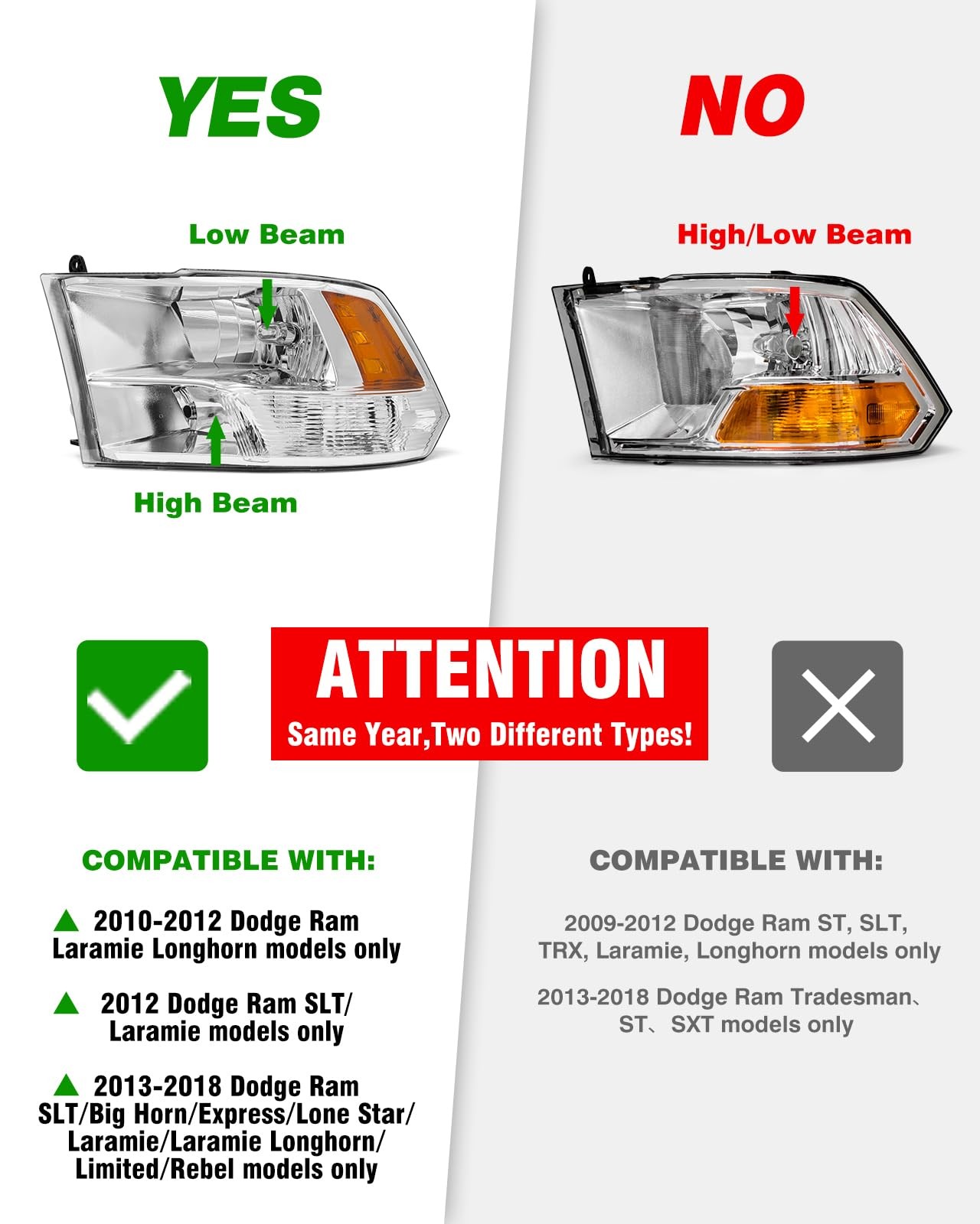 Halogen Headlight for 2010-2018 Dodge Ram 1500 & Dodge Ram 2500