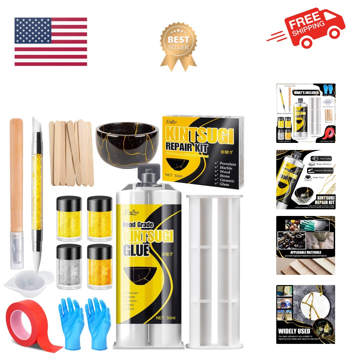 Kintsugi Repair Kit - Gold ＆ Silver Food Safe Glue for Pottery and Porcelain ...