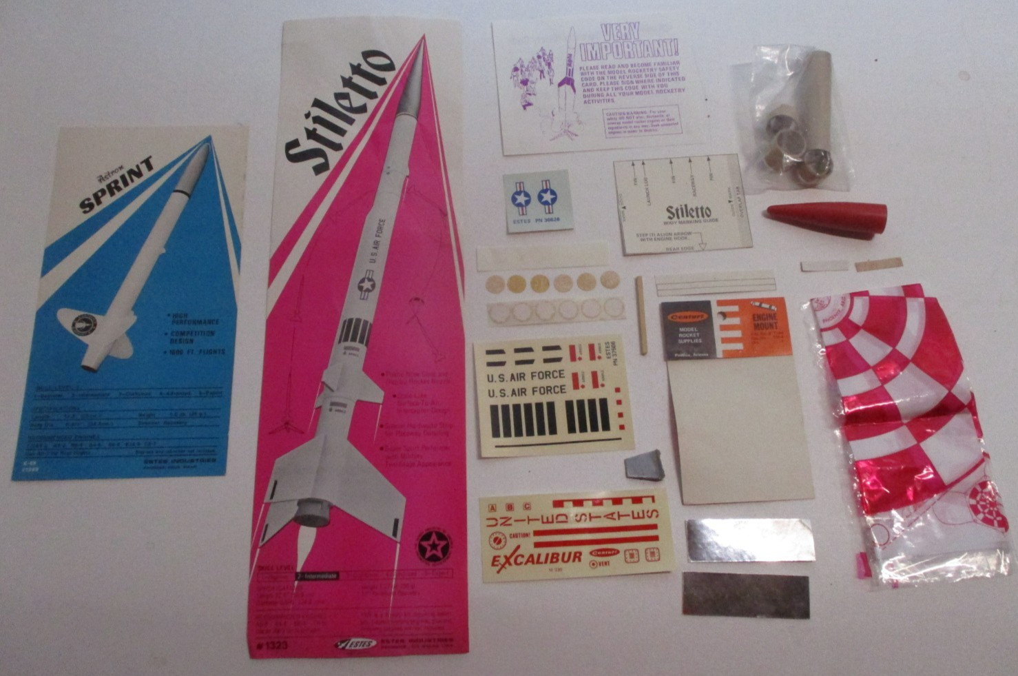 Lot of vintage  ESTES ROCKETS parts parachute decals insert cards