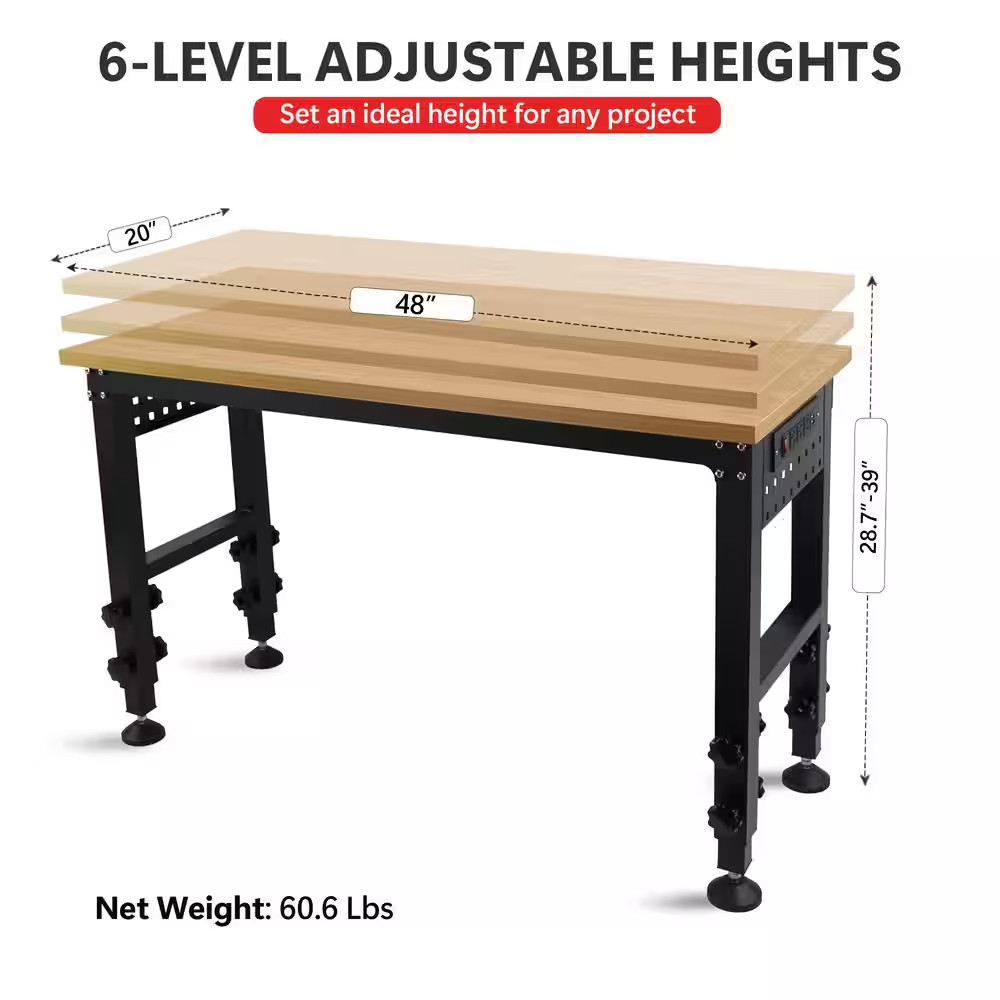 48 In. Adjustable Workbench with Power Outlet Heavy Duty Load Capacity Workbench