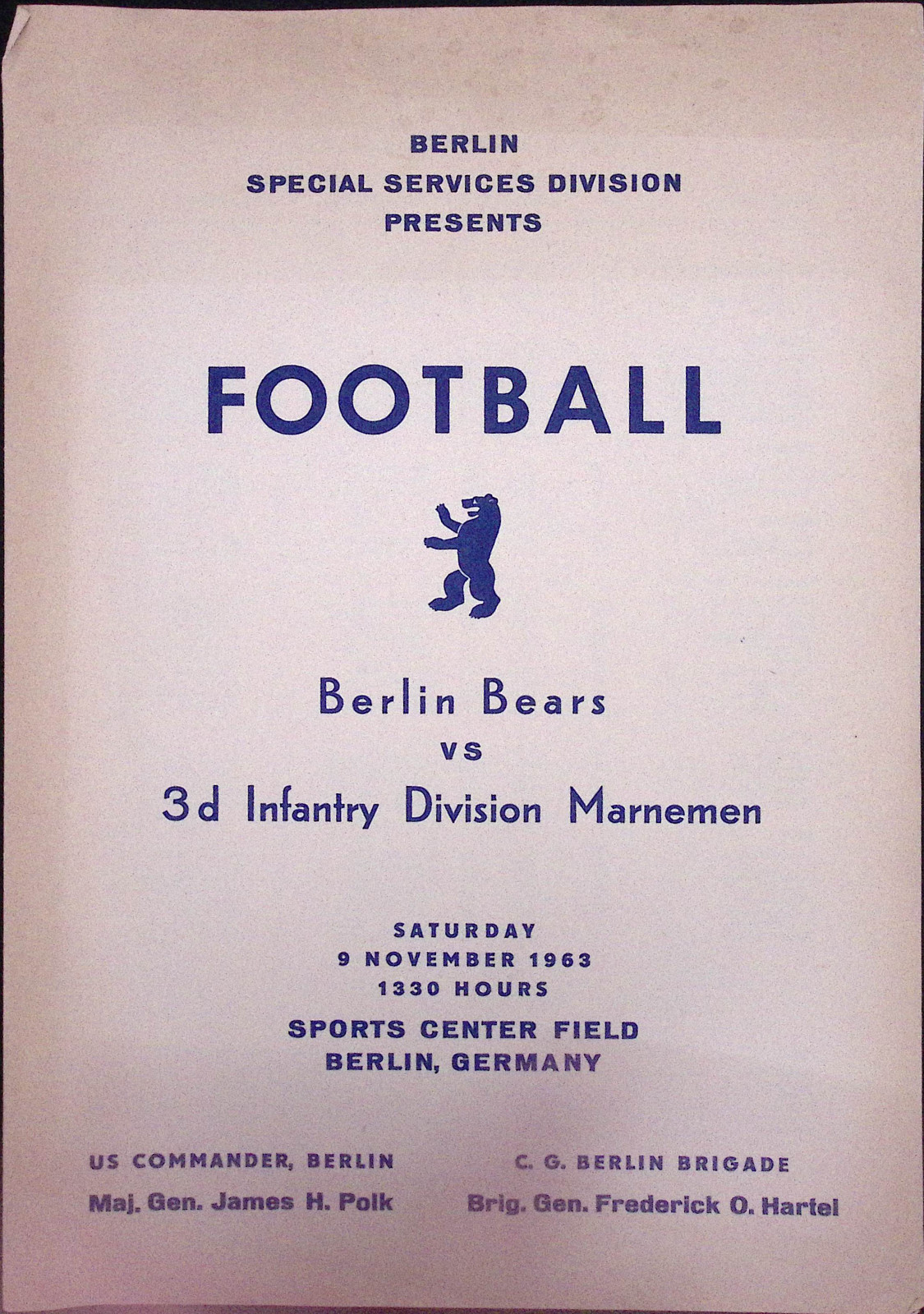 1963 Berlin Bears  vs 3d Infantry Division Marnemen Germany Football Program