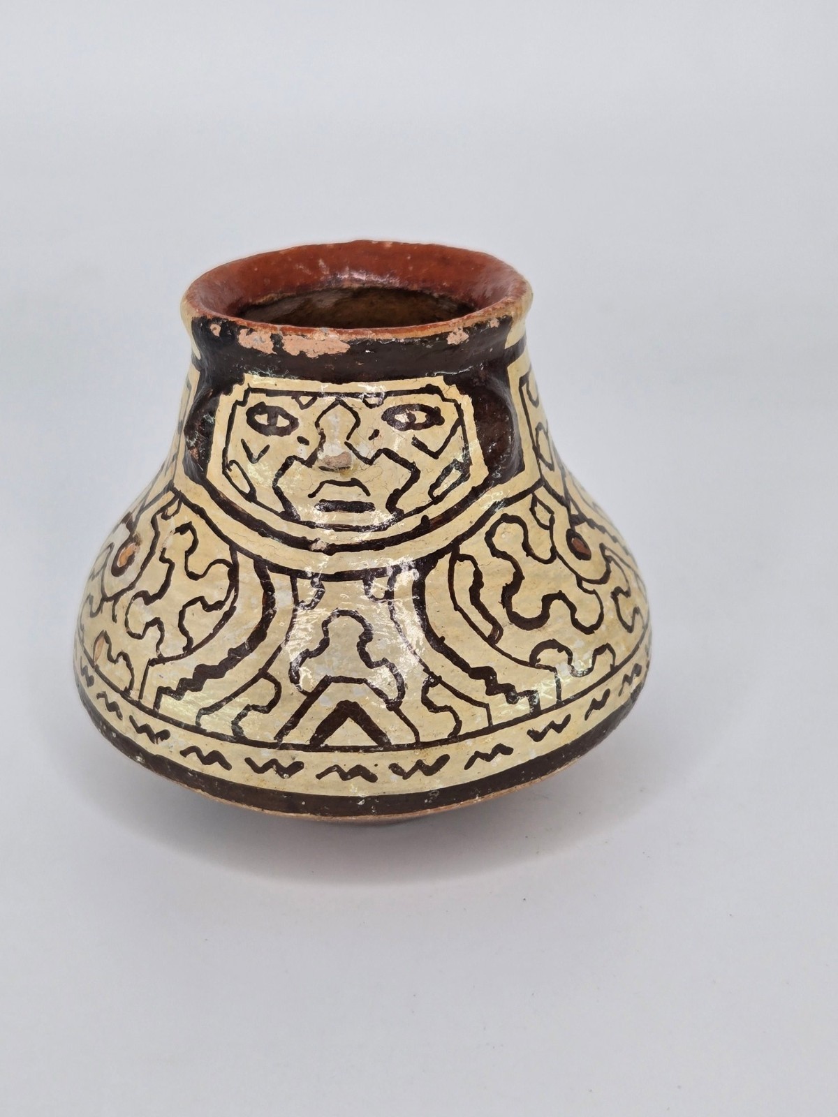 Vintage Peruvian Shipibo Conibo Hand Made Painted Face Clay Pottery Jug Peru 3"