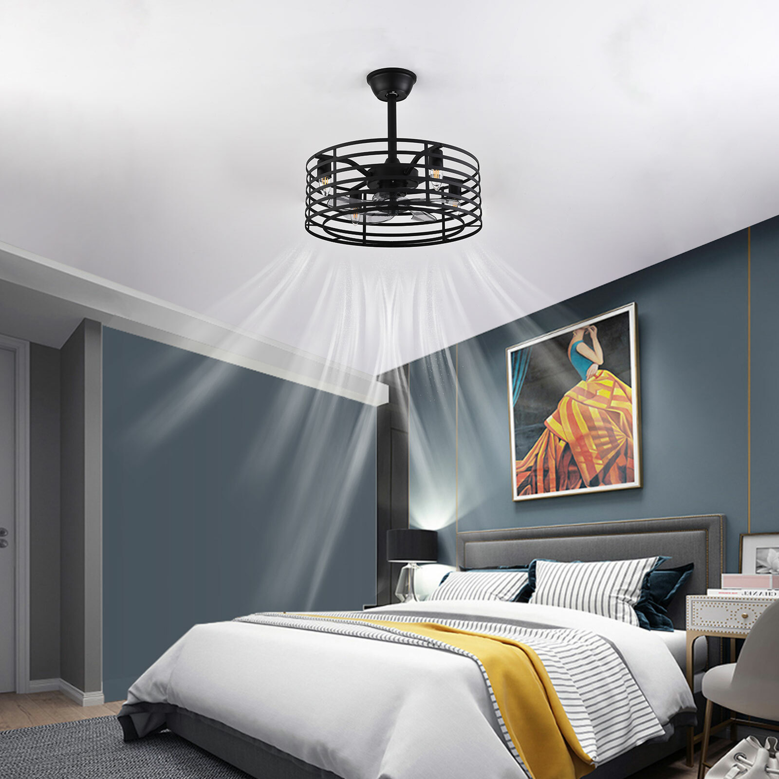 20" Rustic Caged Bladeless Ceiling Fan with Light Remote Control Flush Mount Fan