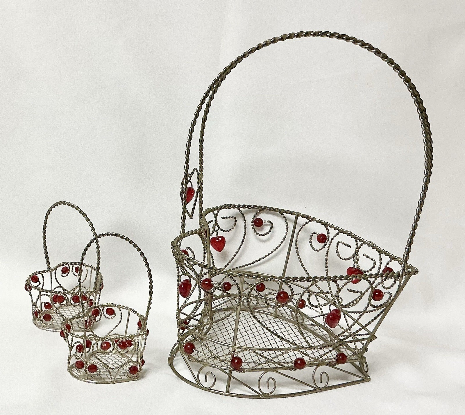 3 Heart Shaped Wire Baskets With Red Beads