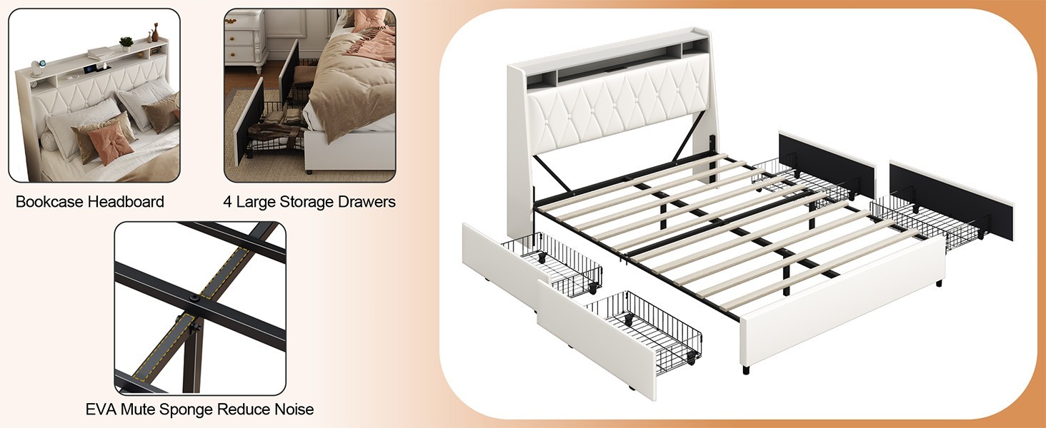 Full Bed Frame - Ergonomic Headboard, Outlets, LED, Storage (Noise-Free)