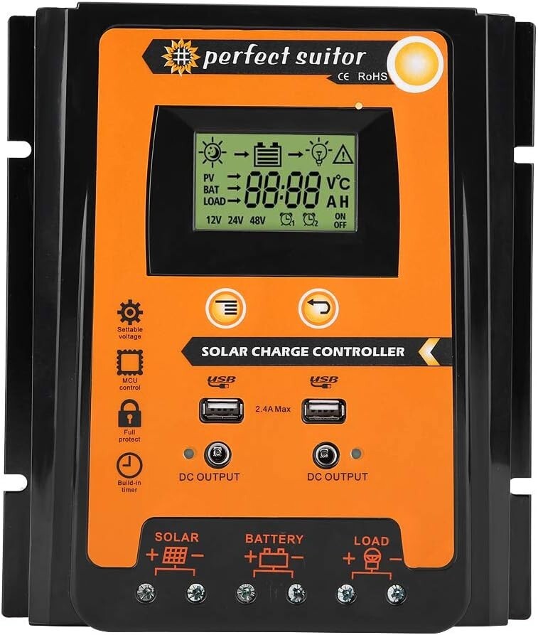Solar Charge Controller 70A PWM 12V/24V Battery Regulator Dual USB LCD Display
