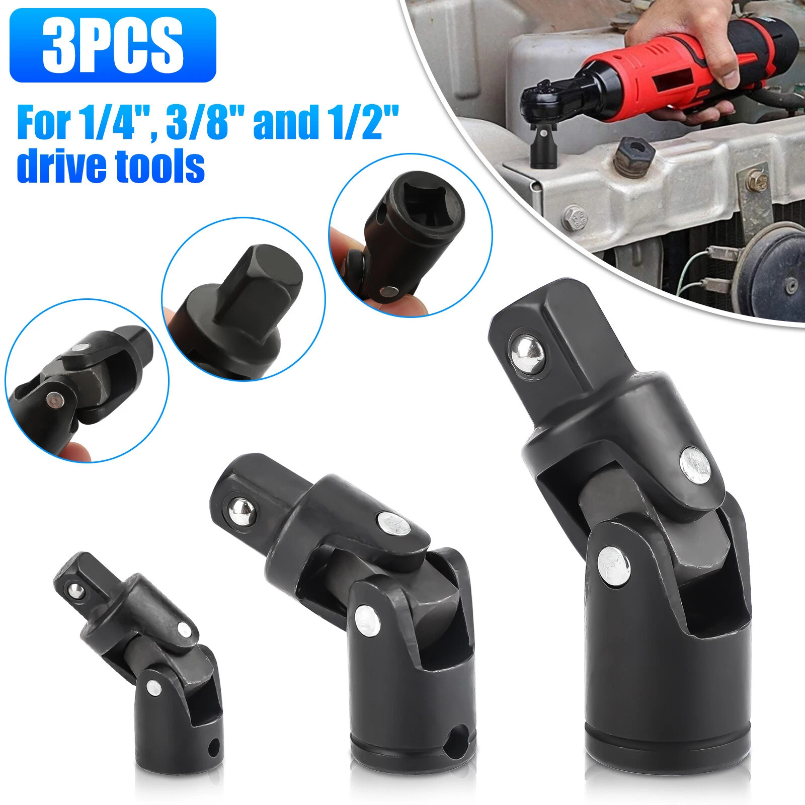 3Pcs Universal Joint Swivel Socket Adapter Set,1/4" 3/8" 1/2" Drive Impact Joint