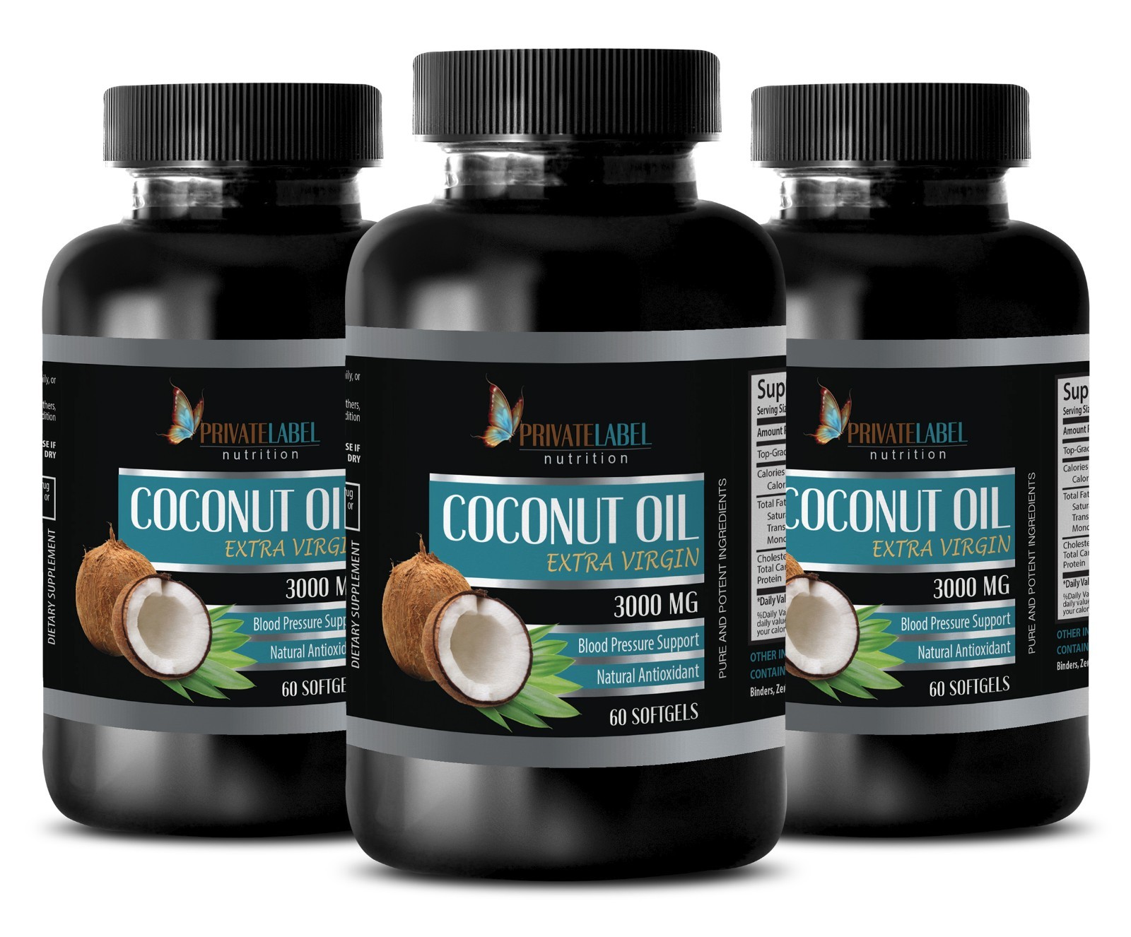 Organic Coconut Oil for Skin 3000mg Extra Virgin Non-GMO 3 Bottles, 180 Softgels