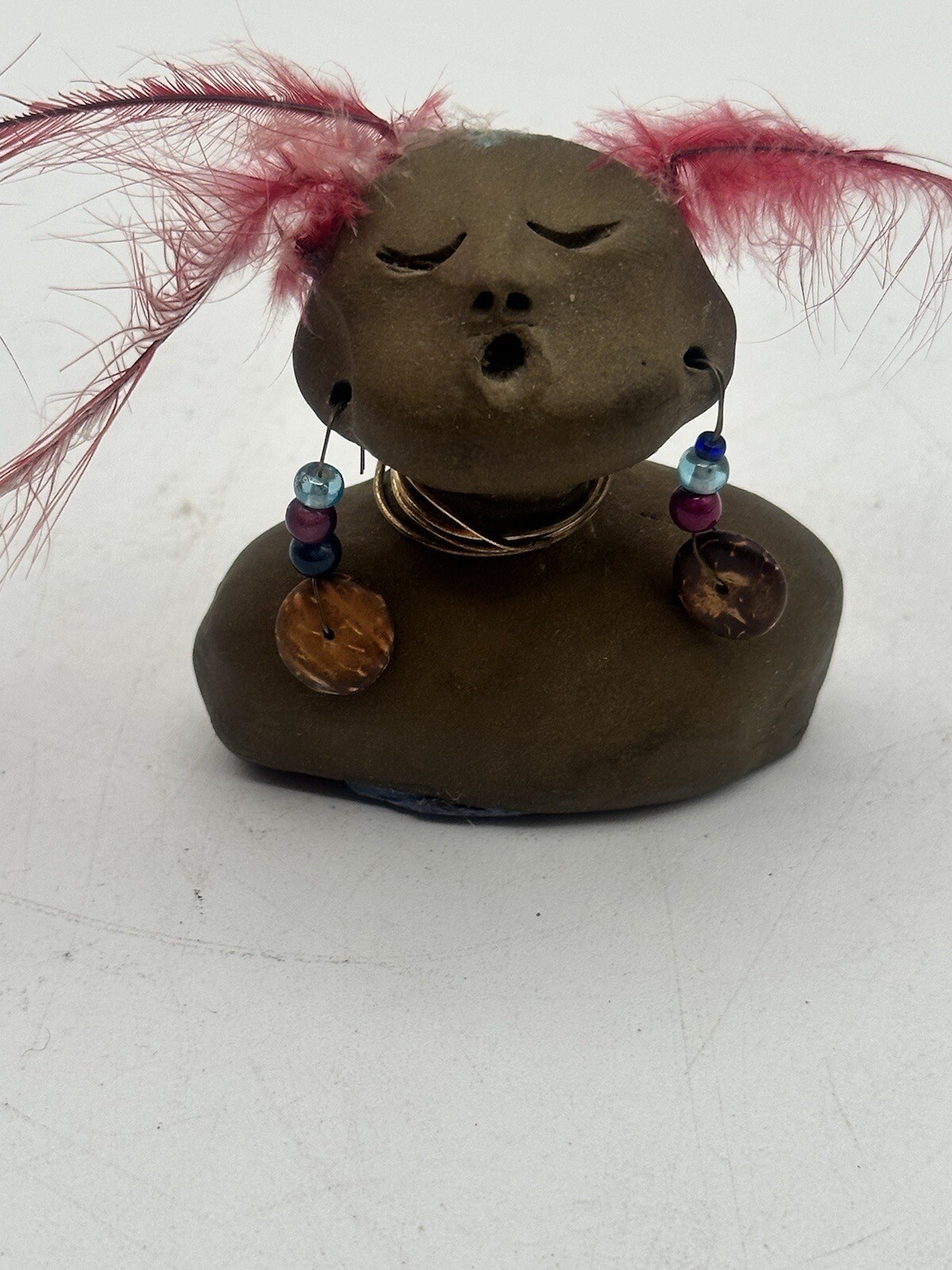 Indigenous Bust Peruvian Hand Crafted From Clay Feathers Need Replaced