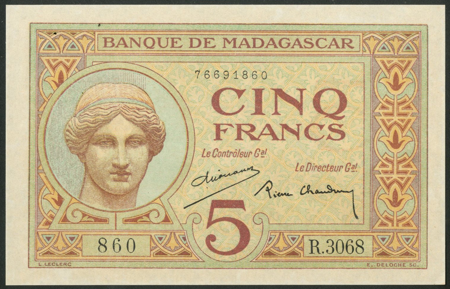 Madagascar, Banque de Madagascar, 5 francs, (1937), sig. 2, series 3068, AUNC